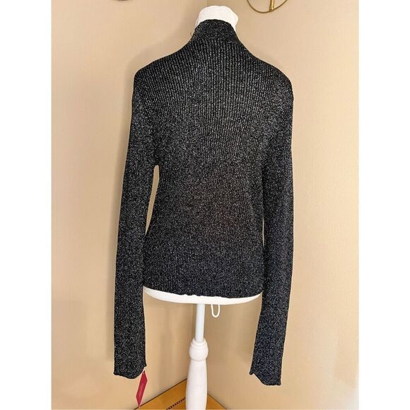 NWT! Xhilaration Black Metallic Silver Ribbed Mock Neck Cutout Long Sleeve XL - Picture 2 of 7